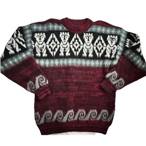 VTG Handmade Sweater 100% Wool Shaggy Knit Husky Dog Apres Ski Resort Snow